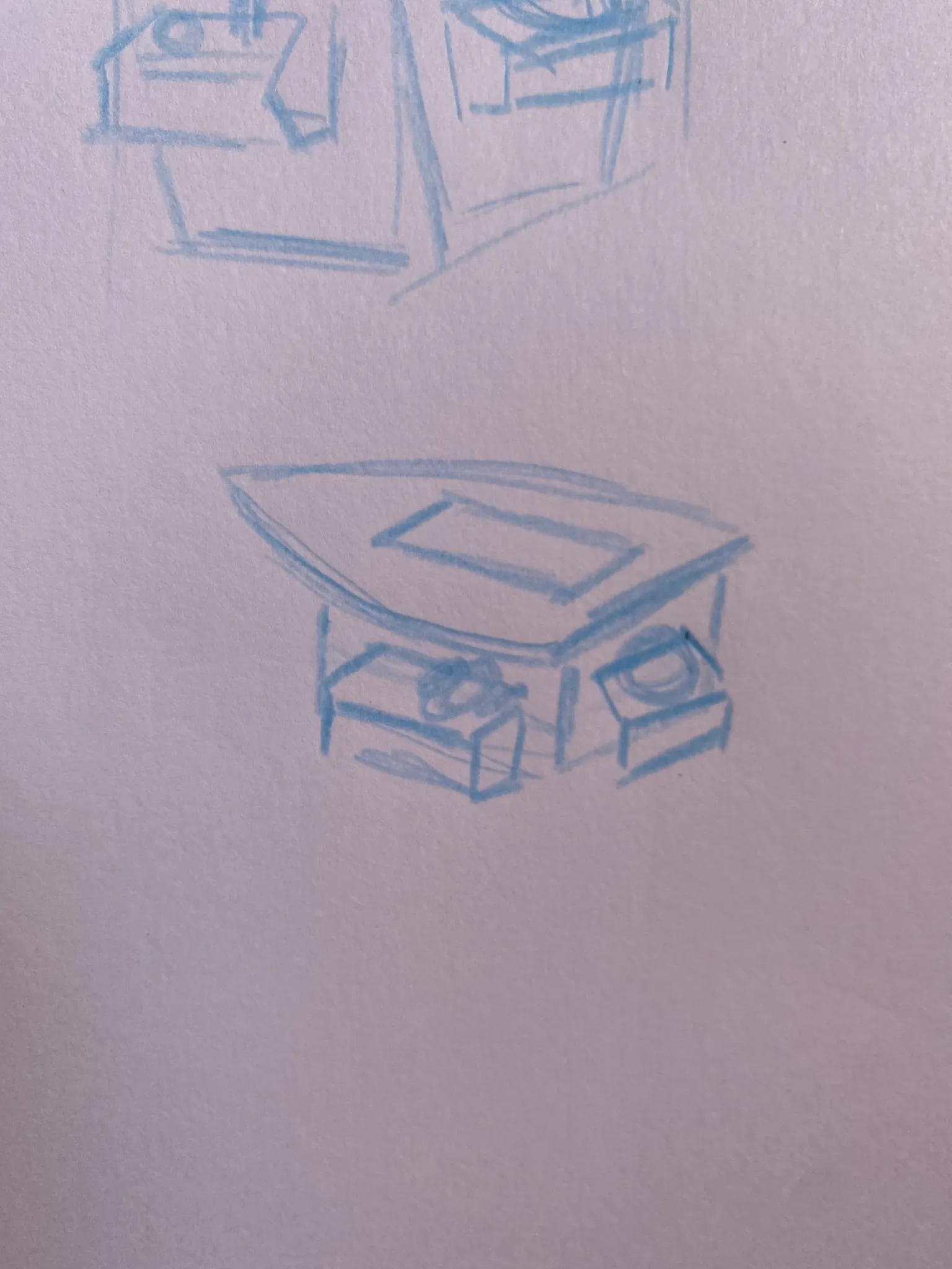 Sketch of an tabletop arcade cabinet in the shape of a boat