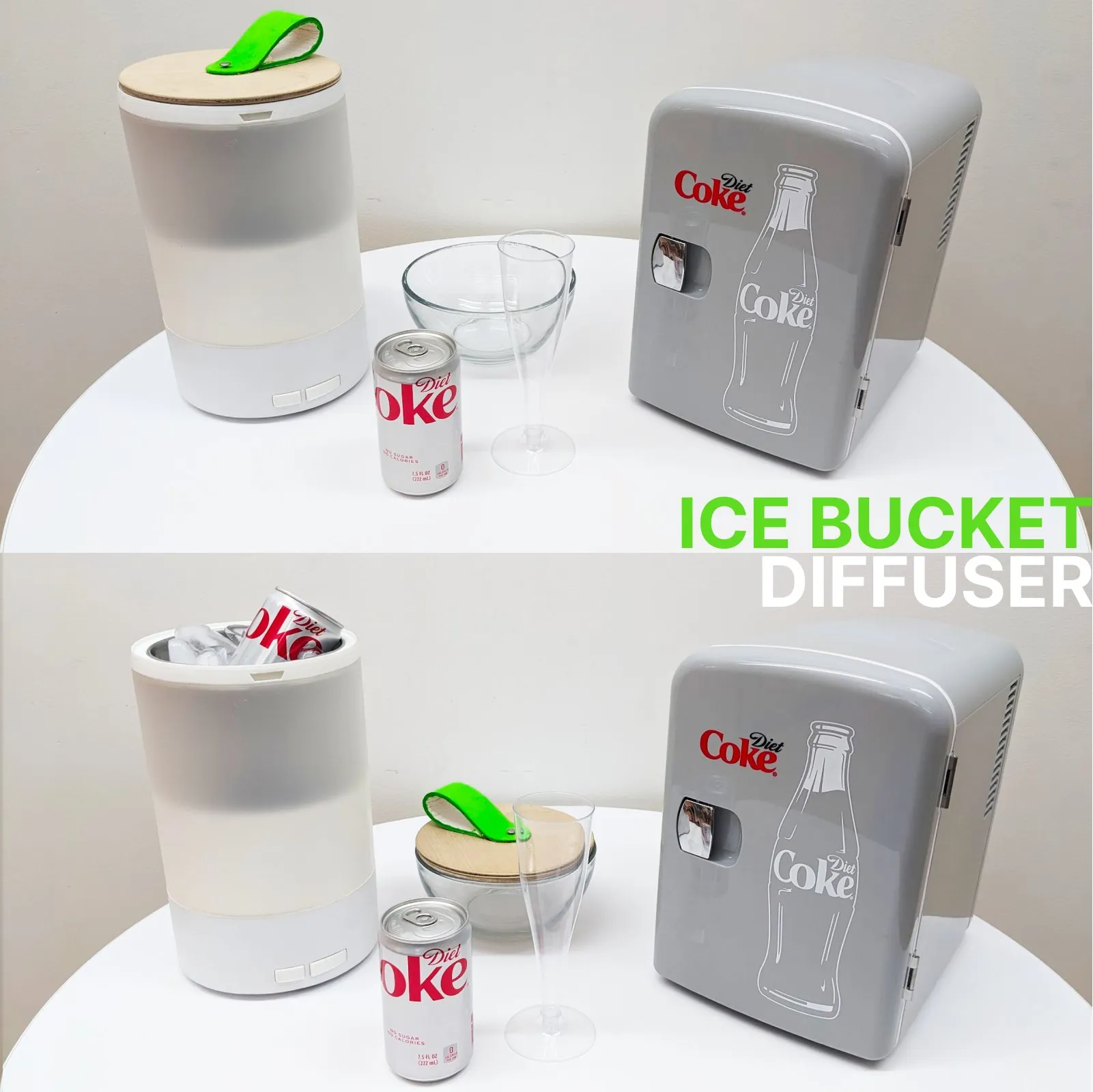 Two product shots of the finished ice bucket diffuser, titled "ICE BUCKET DIFFUSER". On top, the diffuser closed with its wooden lid and green leather pull tab beside a bowl, a flute, a mini Diet Coke can and a Diet Coke mini fridge. Below, the same setup in use, with the lid set aside on the bowl and the bucket filled with ice and a Diet Coke can.