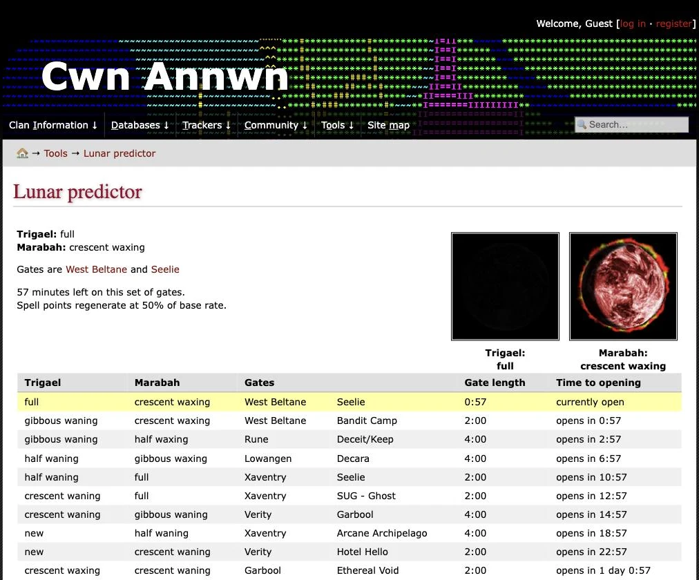 The Cwn Annwn clan's lunar predictor: a table of moon phases, gates and times to opening