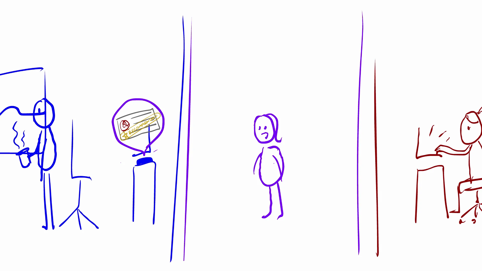 Animatic frame: the split screen blocked out in stick figures