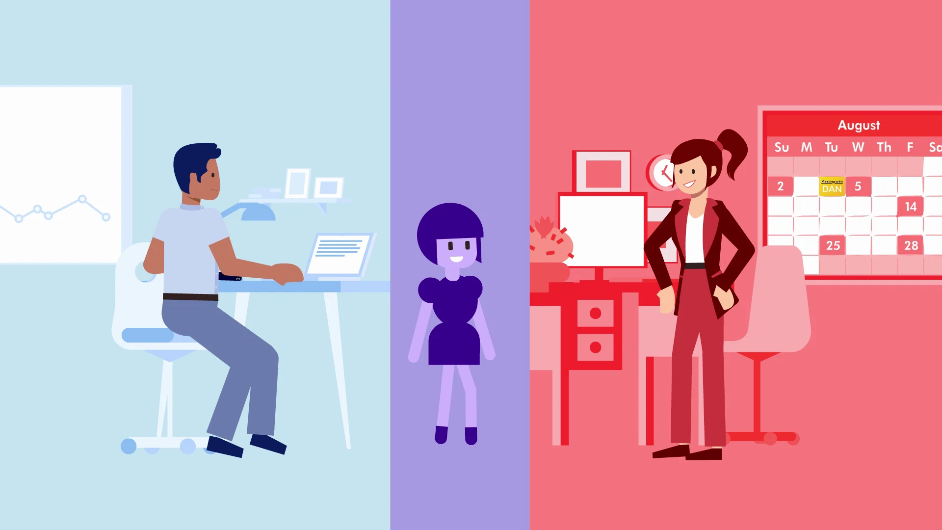 The finished split screen: blue manager, purple assistant, red sales rep