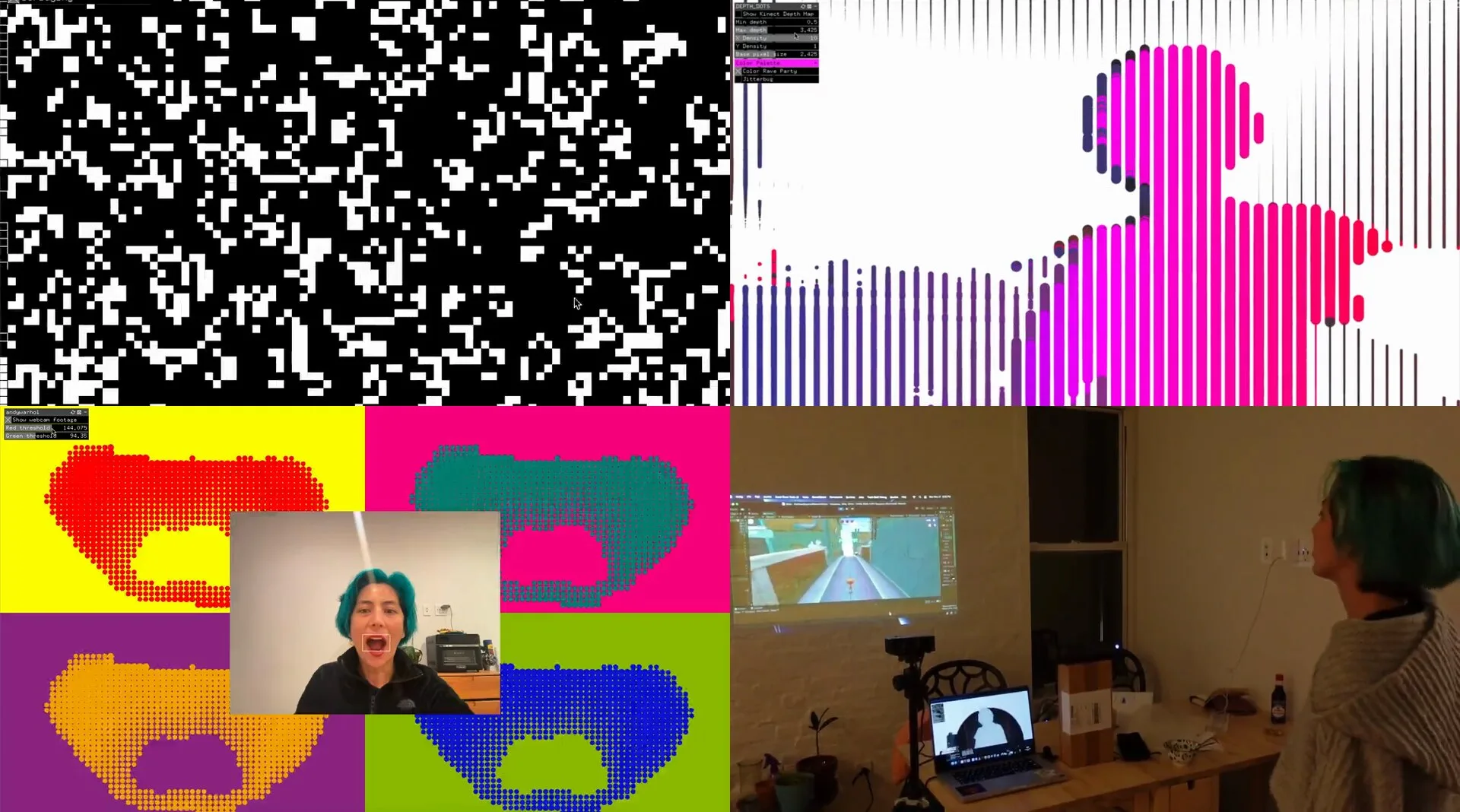 A single practitioner in keikogi and haka |
ITP | November 28th, 2023
OpenFrameworks Experiments
A series of experiments in C++ with OpenFrameworks, working up from cellular automata to computer vision, depth sensing, and driving a Unity game with my body.
C++, Kinect V2, OSC, OpenCV, OpenFrameworks, Unity![A four-up grid of stills, one from each experiment: a dense black and white Game of Life board, a figure rendered as tall magenta and blue streaks from Kinect depth data, a four-quadrant Warhol popart of halftone lips around a webcam feed, and the maker in her apartment controlling an endless runner on a monitor via Kinect.