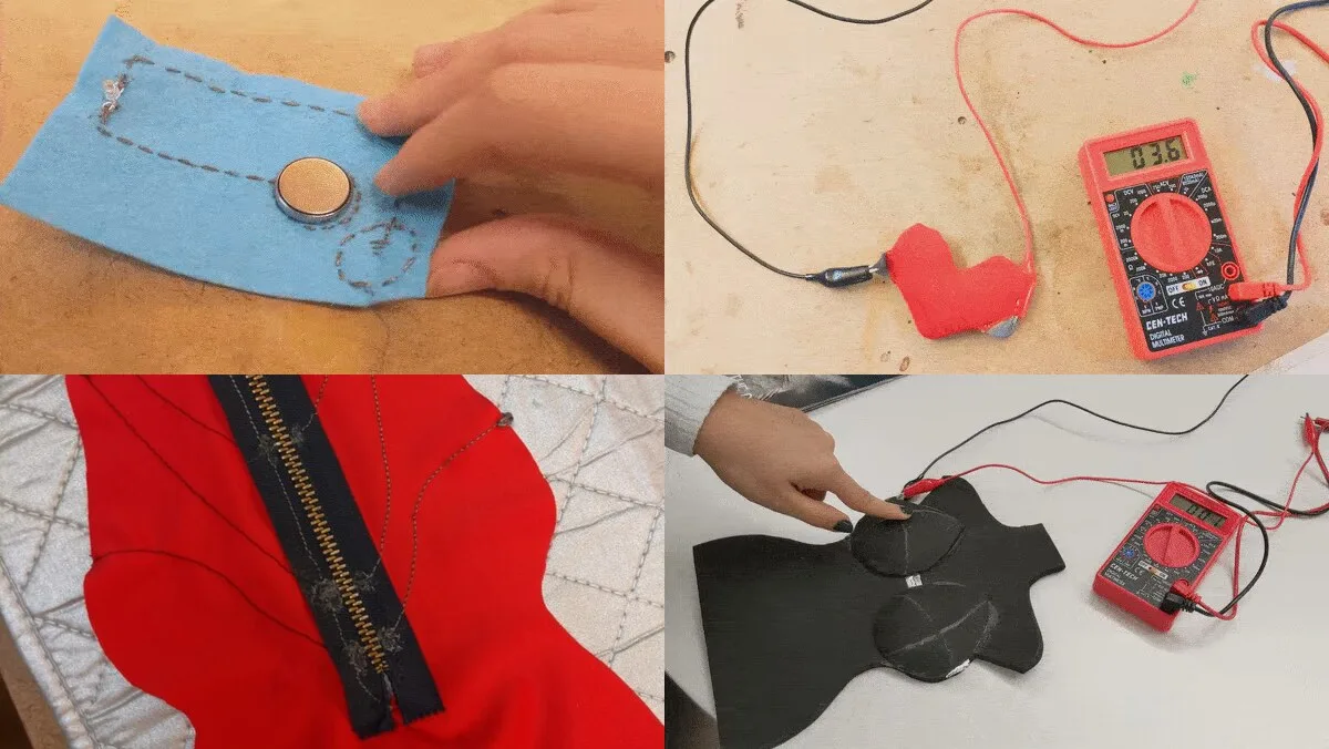 A four-up grid of the textile interfaces: a blue felt swatch with a coin battery sitting on a sewn conductive-thread circuit, a stuffed red heart wired to a multimeter reading 036, a red dress with a zipper stitched with conductive thread down the front, and a black foam body form with two squishy buttons wired to a multimeter.