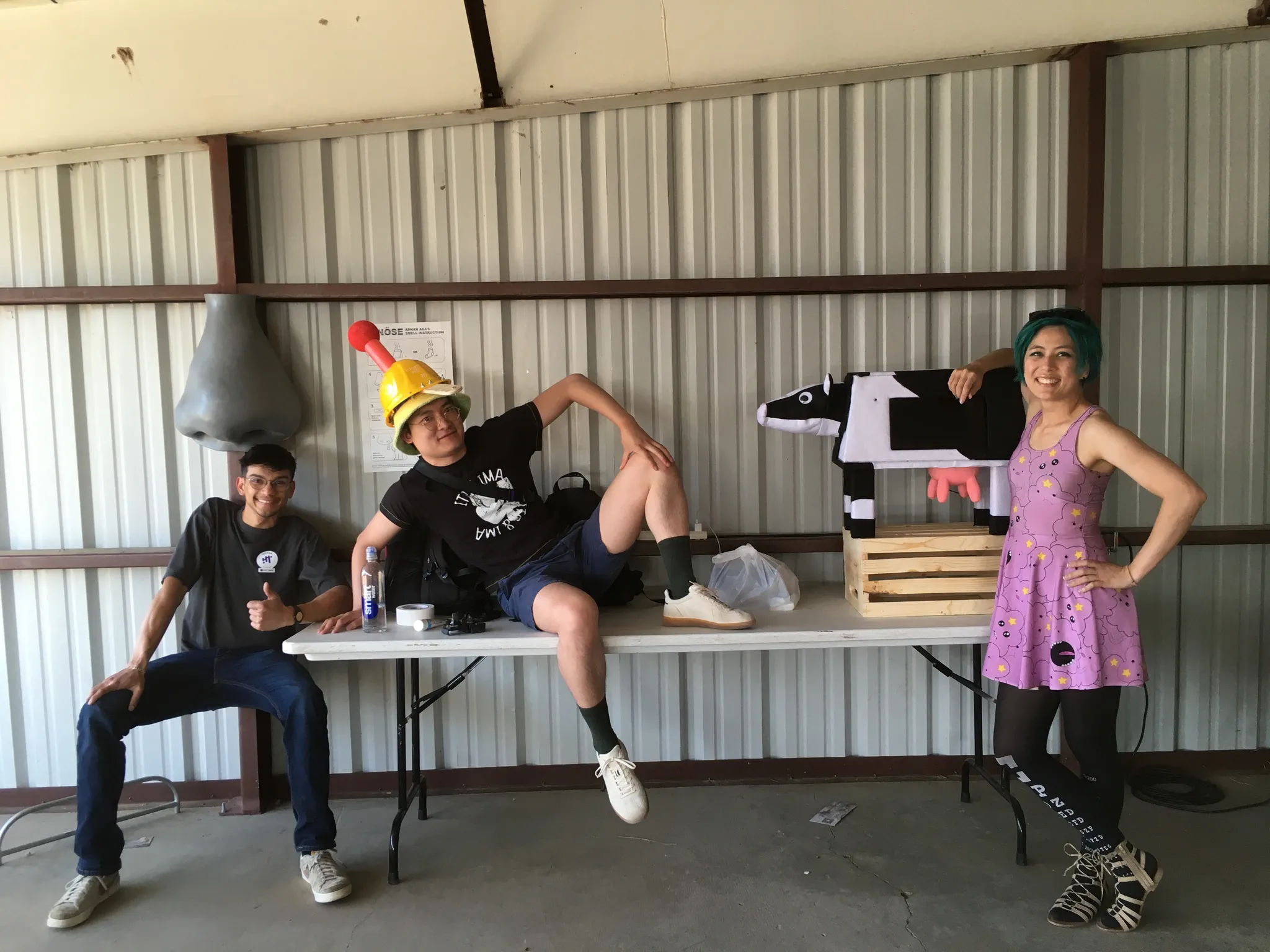 A photograph of a group of people each with a project (a giant nose, a cow, and a helmet) posing in front of a wall.
