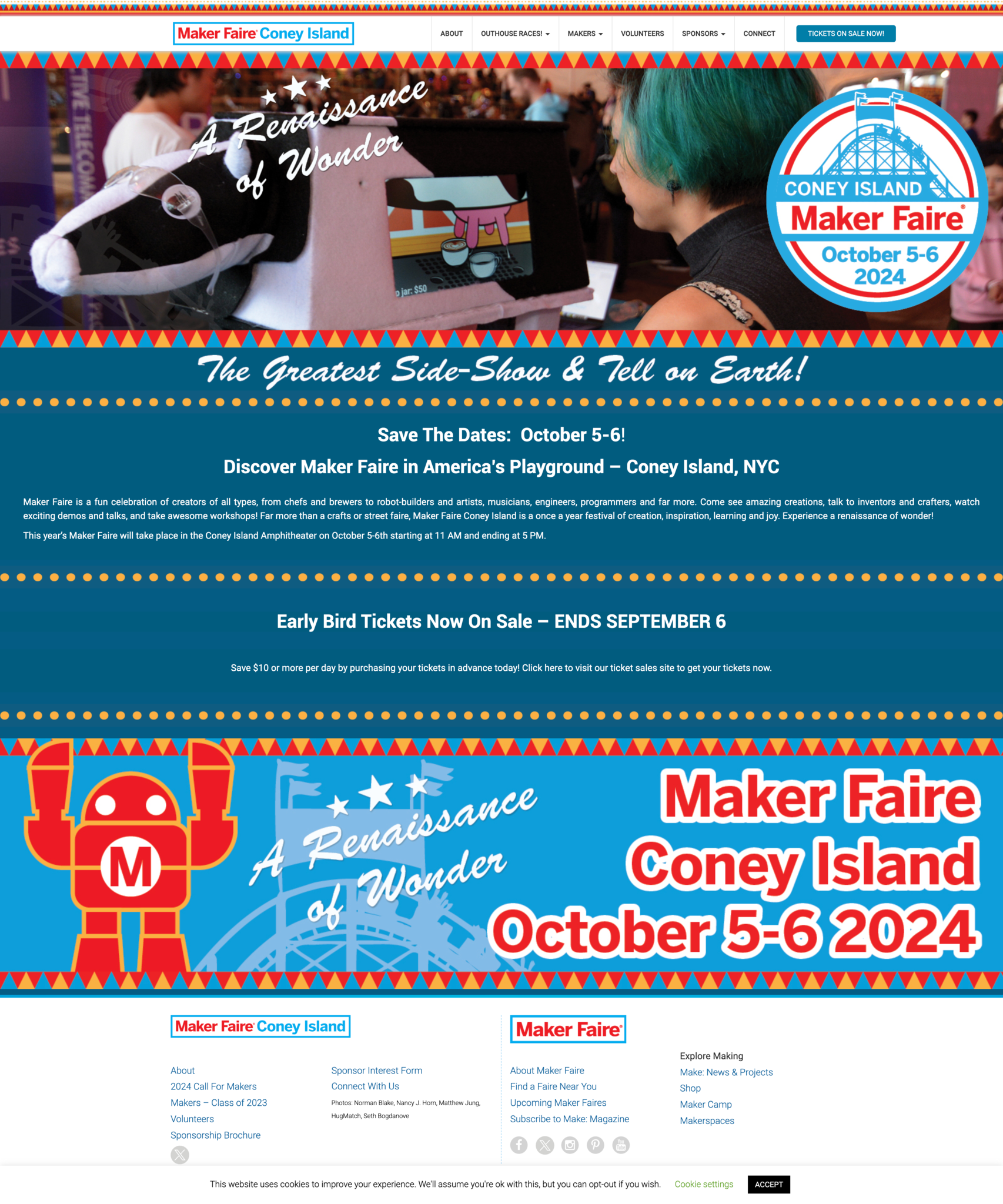A screenshot of the Coney Island Maker Faire homepage with the cow arcade machine prominently featured.