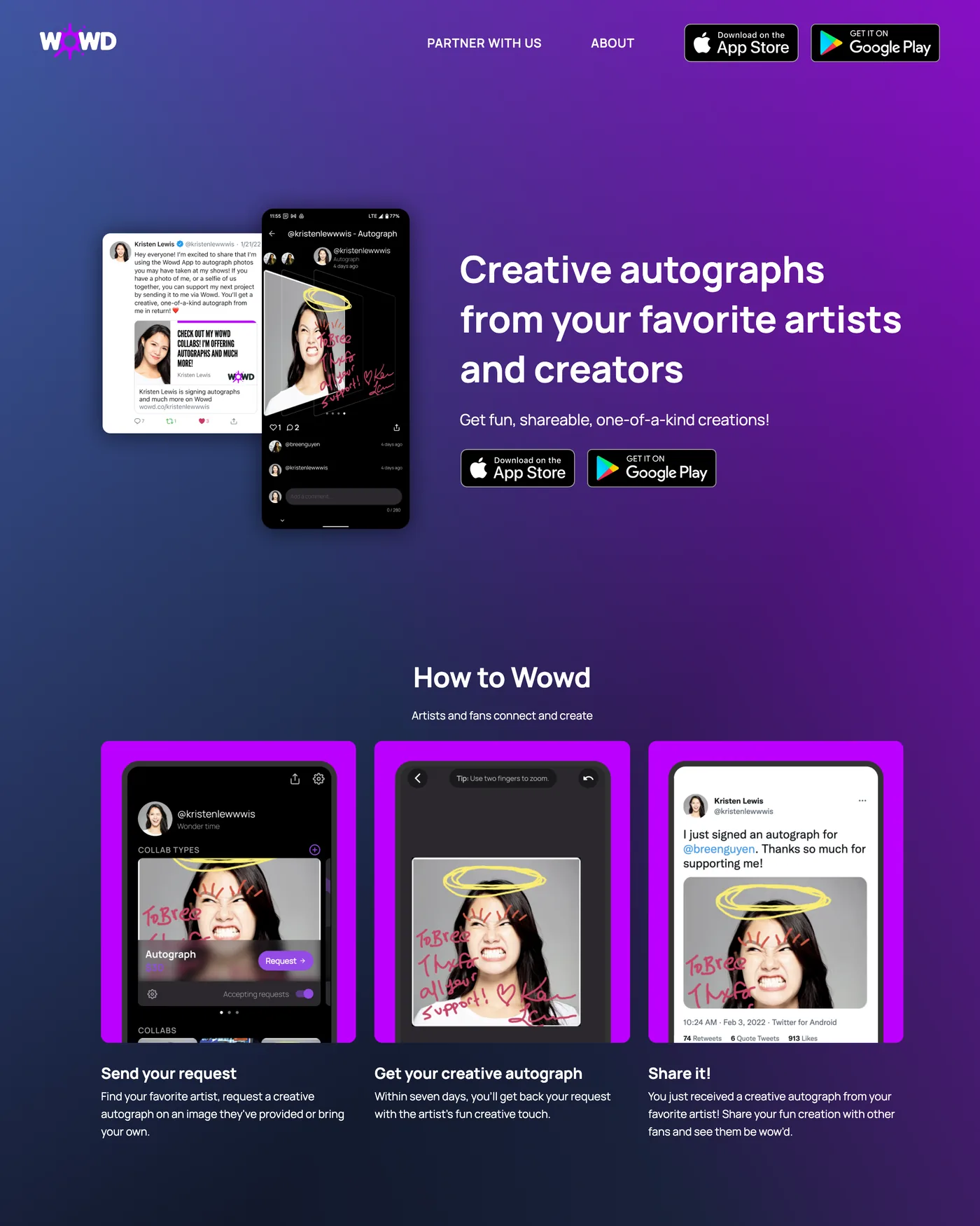 The Wowd marketing site: a purple gradient hero with phone mockups, above a three step How to Wowd section