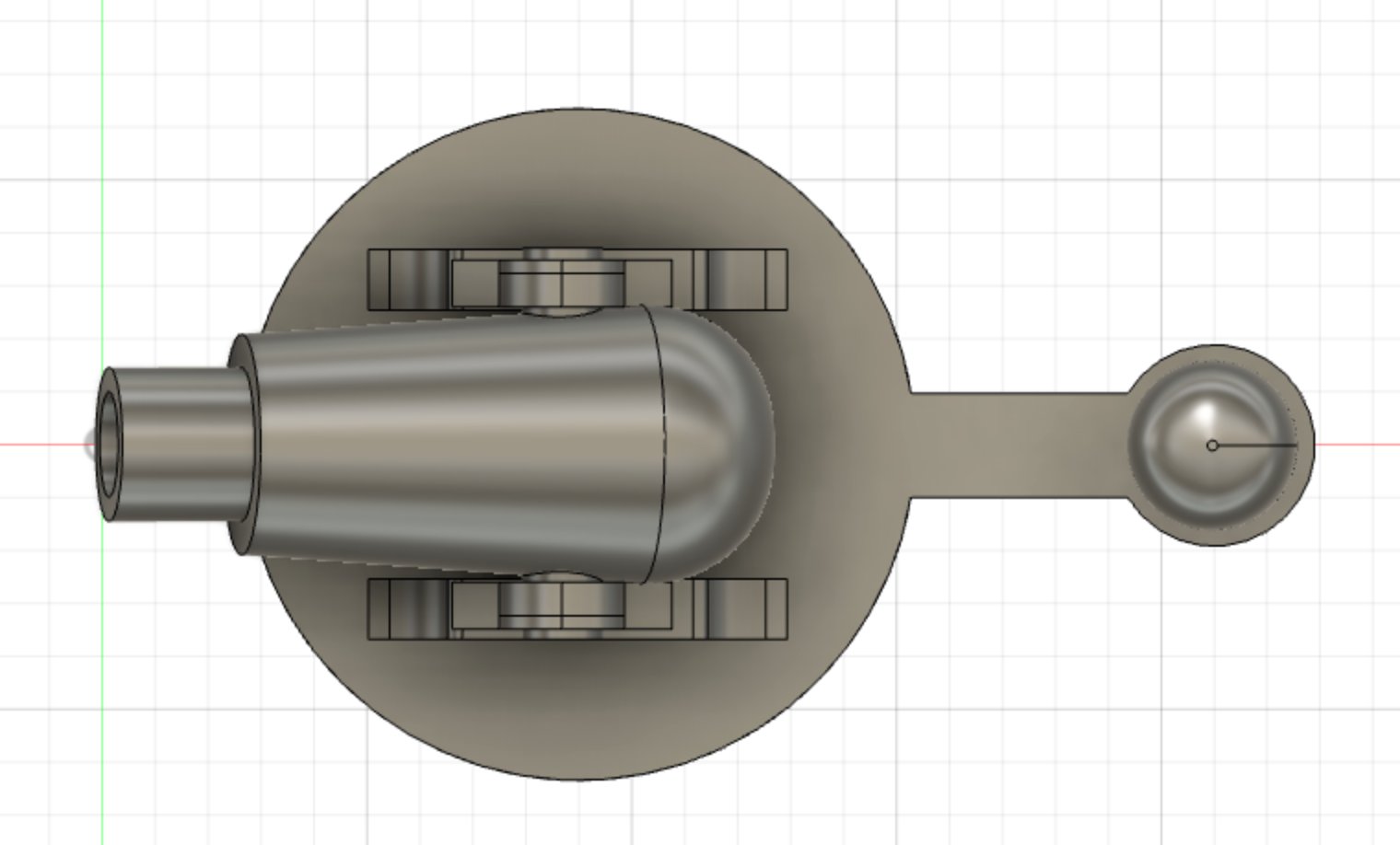 CAD model of a cannon on a disk with a handle sticking straight up