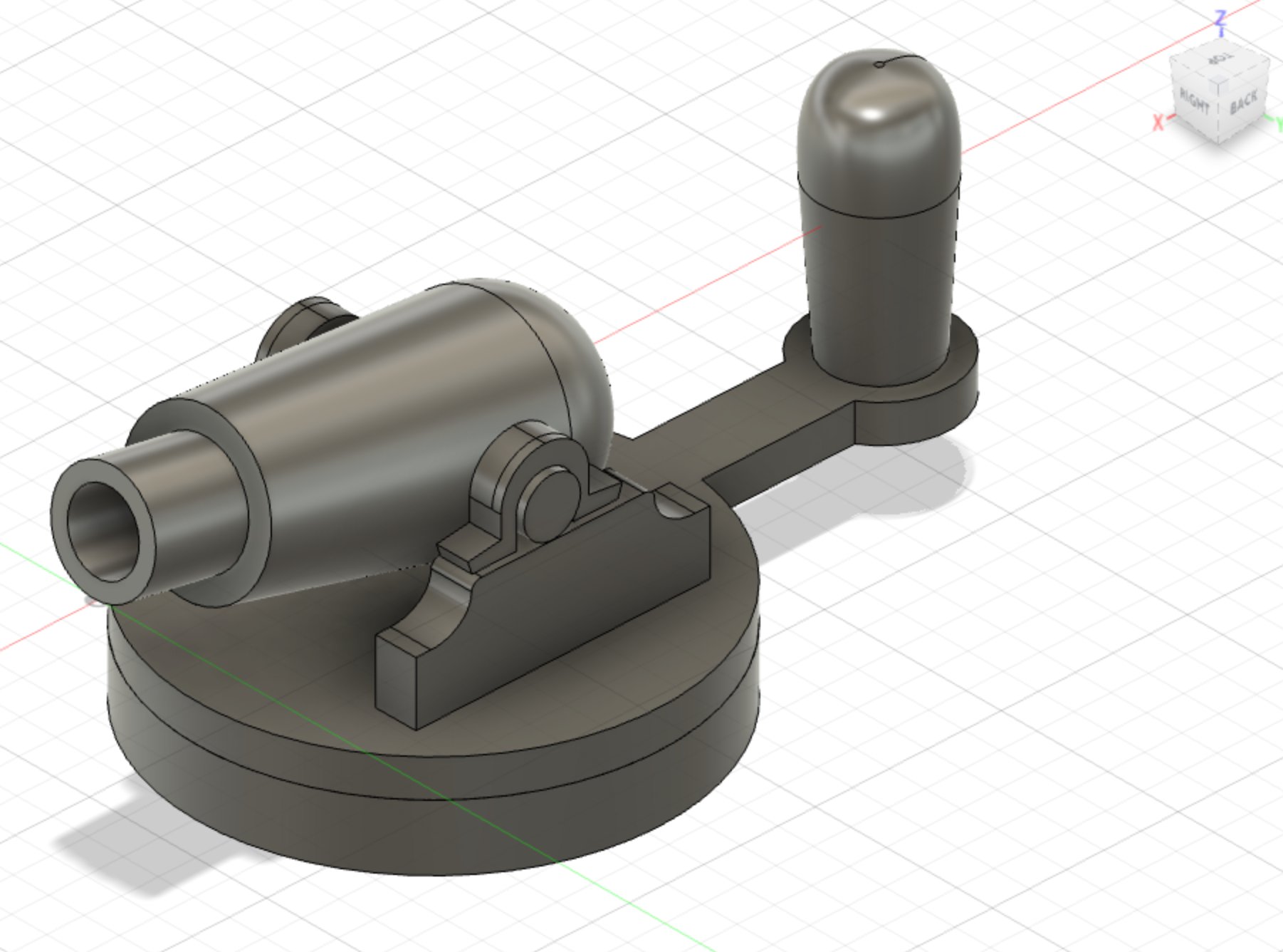 CAD model of a cannon on a disk with a handle sticking straight up