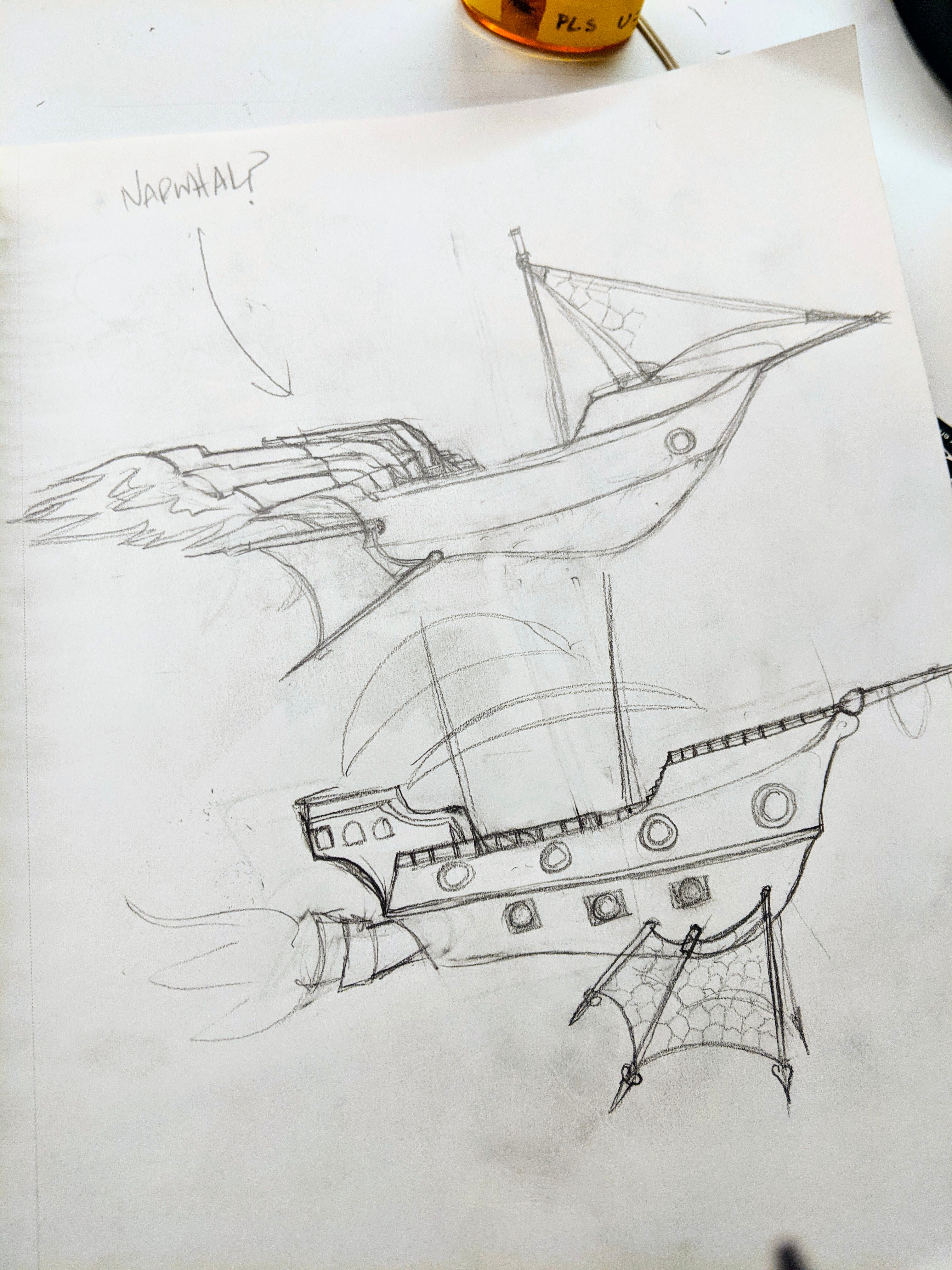 Sketches of fish themed pirate ships