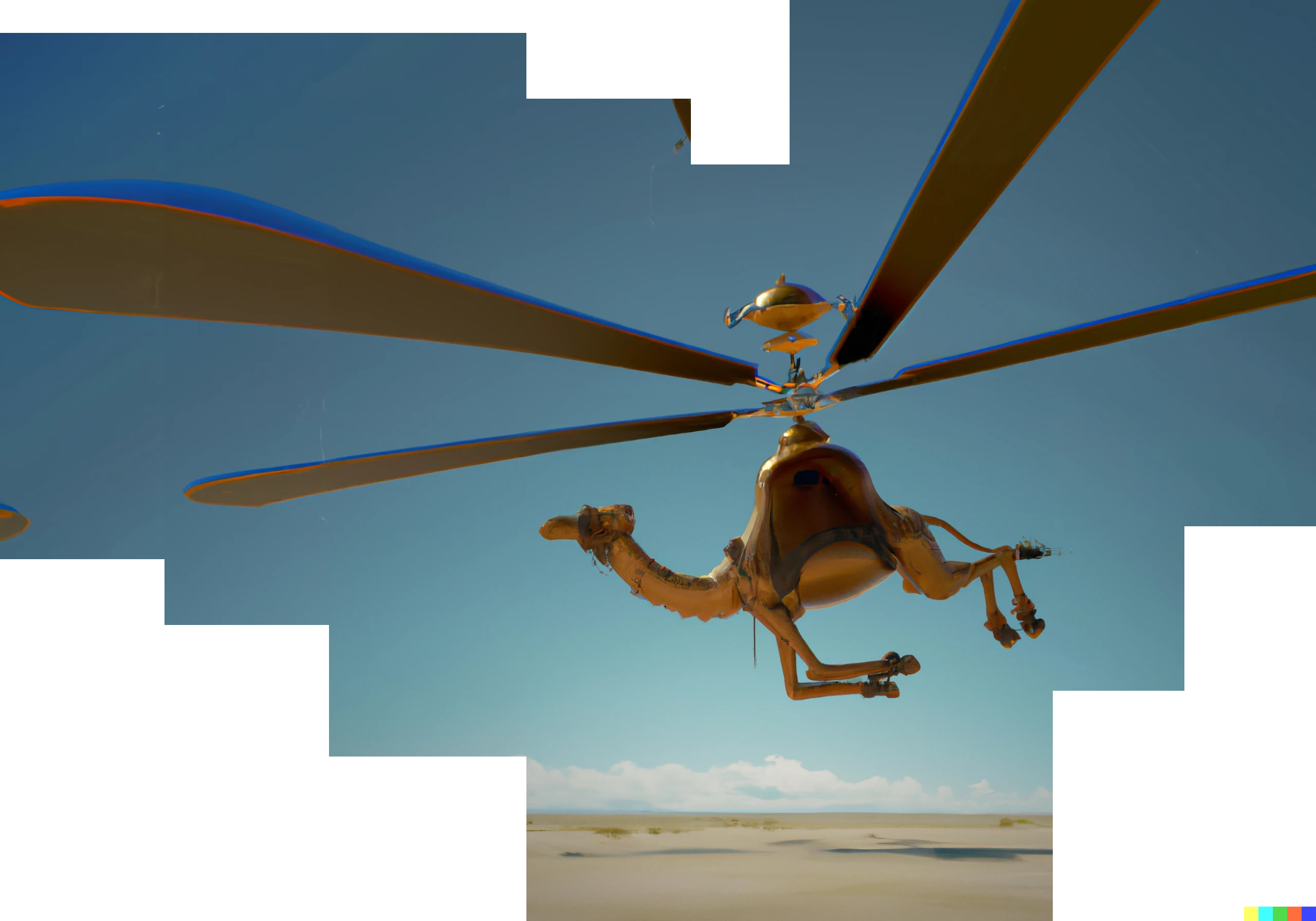 A flying camel with very long helicopter blades, generated and extended using DALL-E