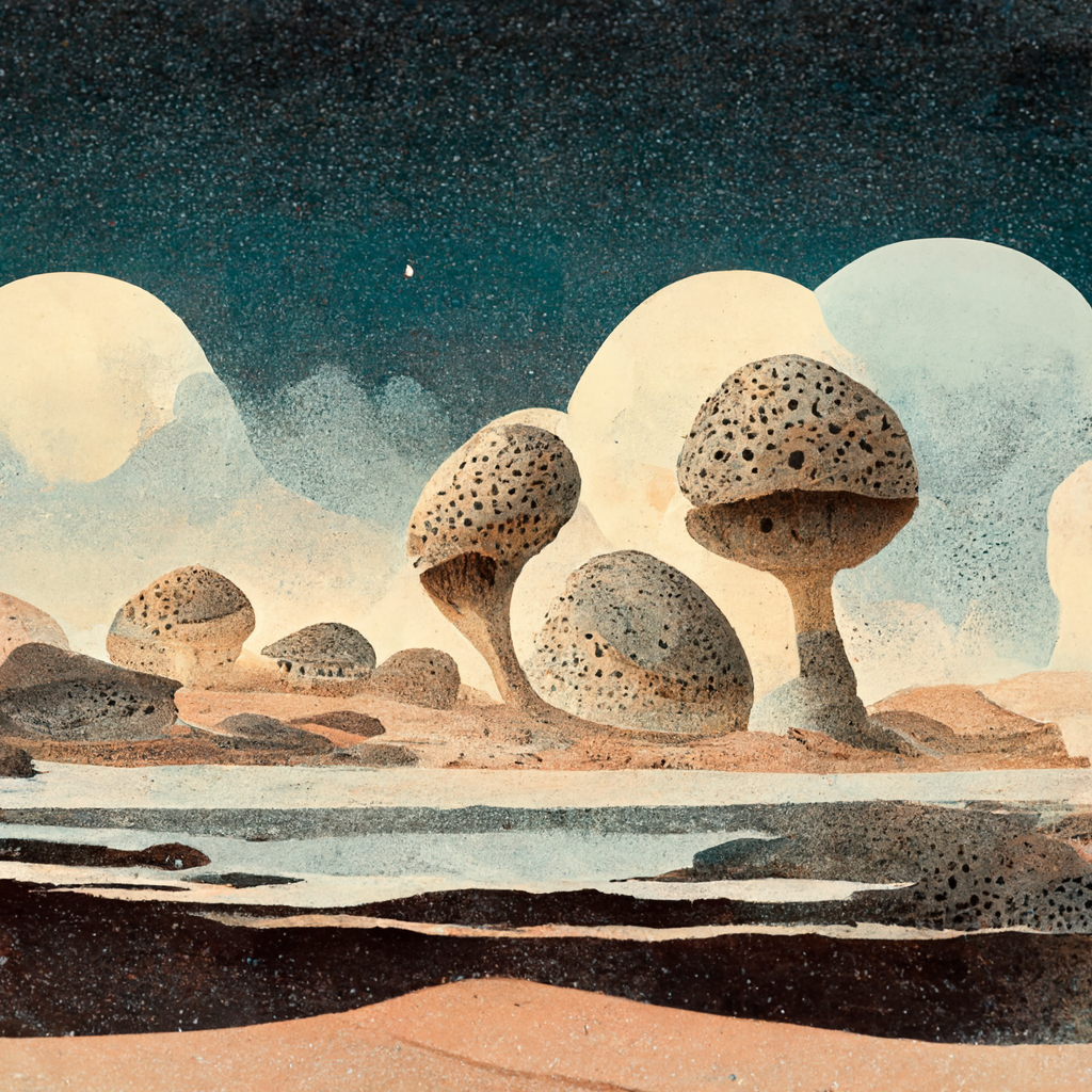 A surreal desert landscape with porous trees that resemble sponges