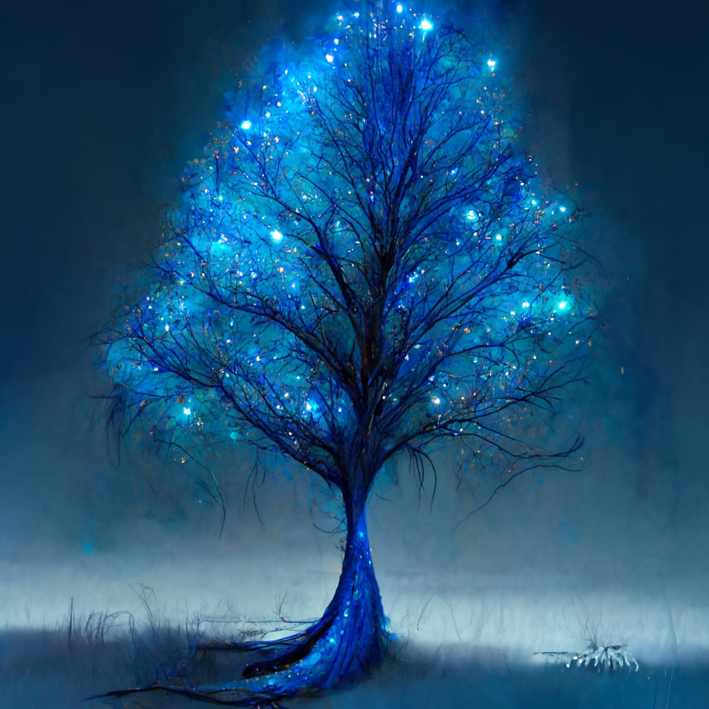 An illustration of a glowing blue tree