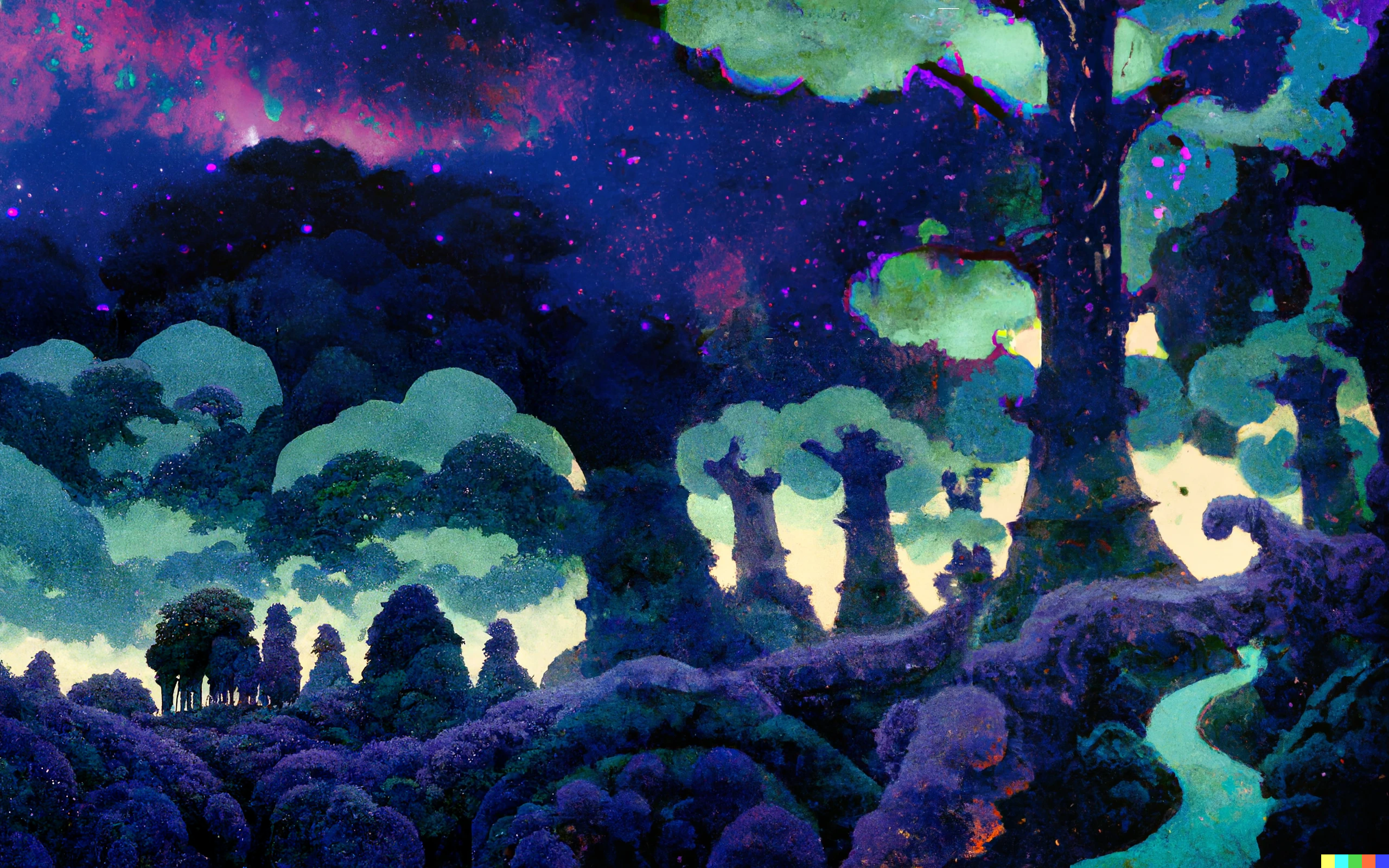 A surreal and dreamy forest landscape where the tree canopies become part of the sky