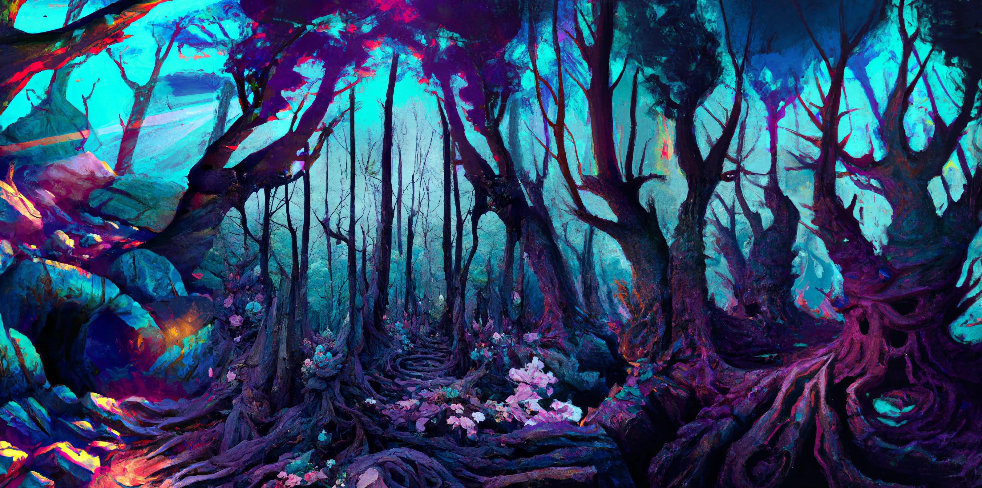 A landscape of a haunted forest with deep magentas