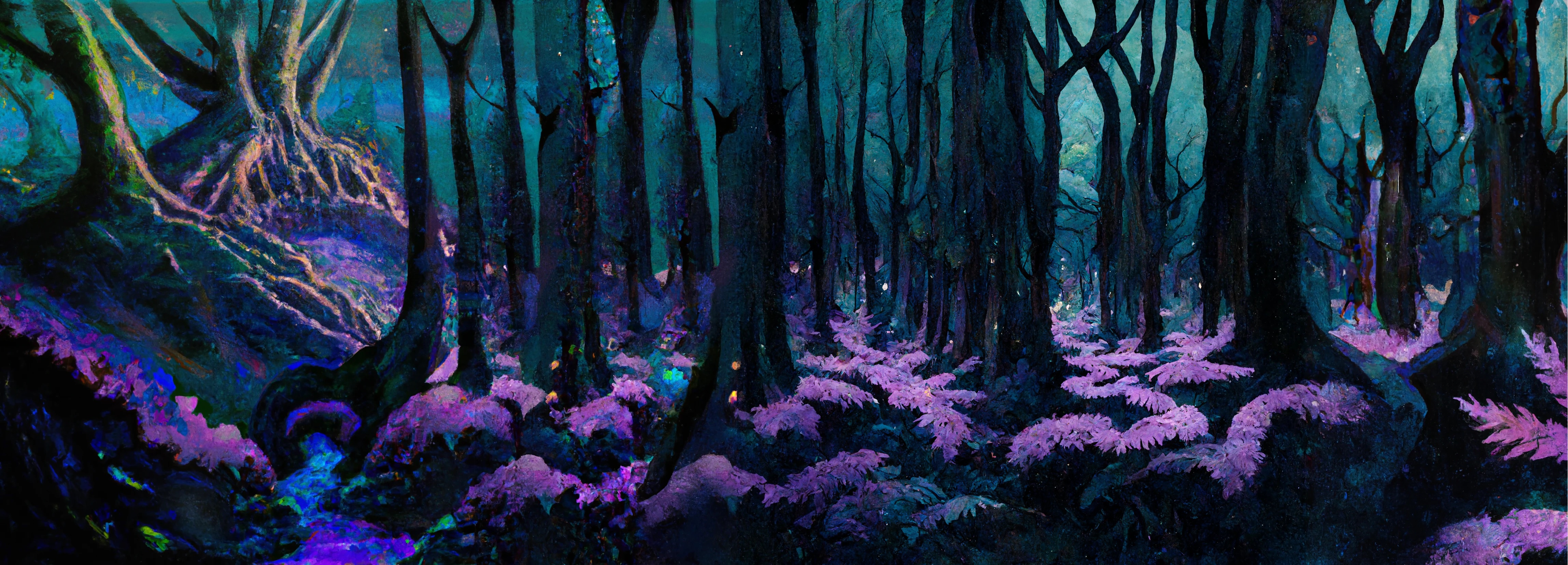 A long landscape of an enchanted forest with magenta foliage