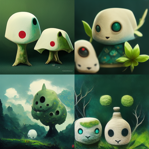 A 4-up of several kodama-like mushroom forest spirits