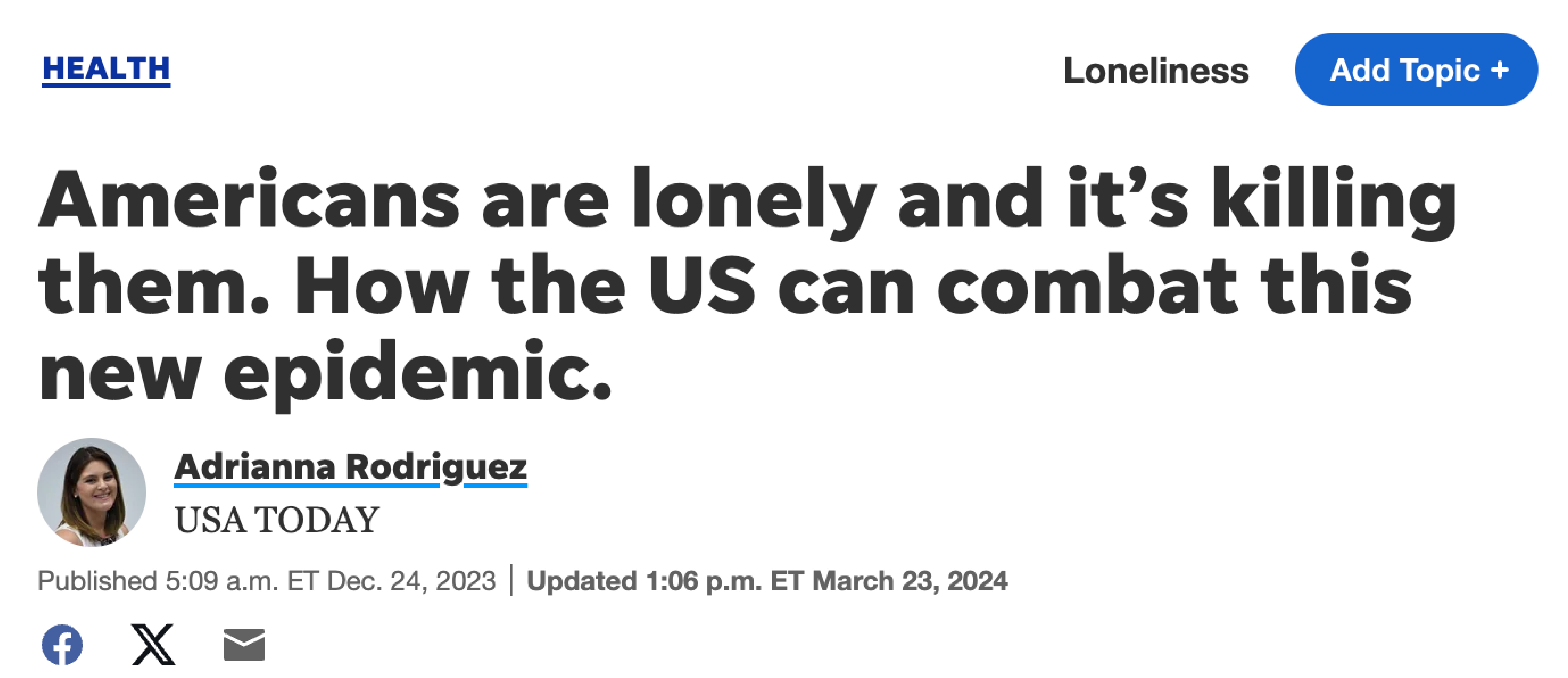 A screenshot of an article from "Mindfulness" titled "The loneliness epidemic: Nearly 1 in 4 adults feel lonely, new survey finds."