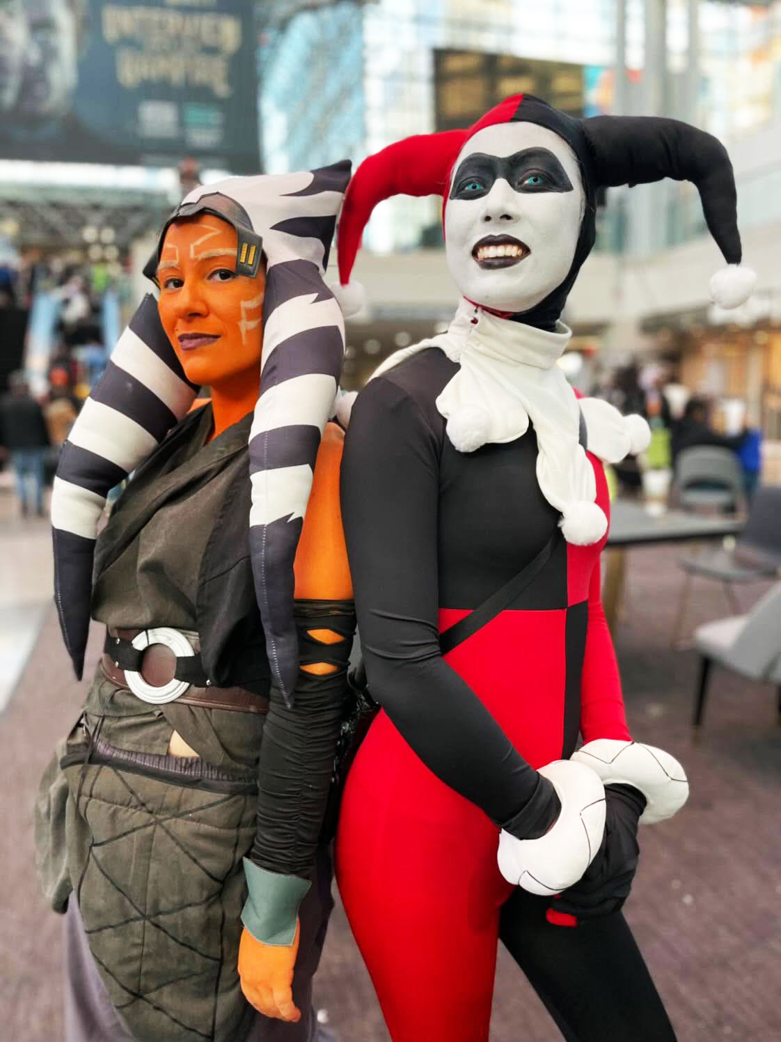 Photograph of a woman in a red and black harlequin outfit back-to-back with a Star Wars character