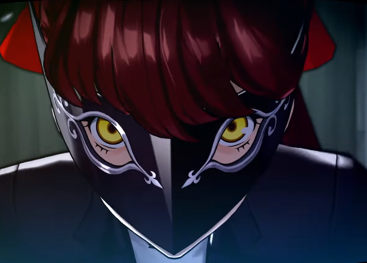 Game screenshot of a girl with red hair wearing a large black mask