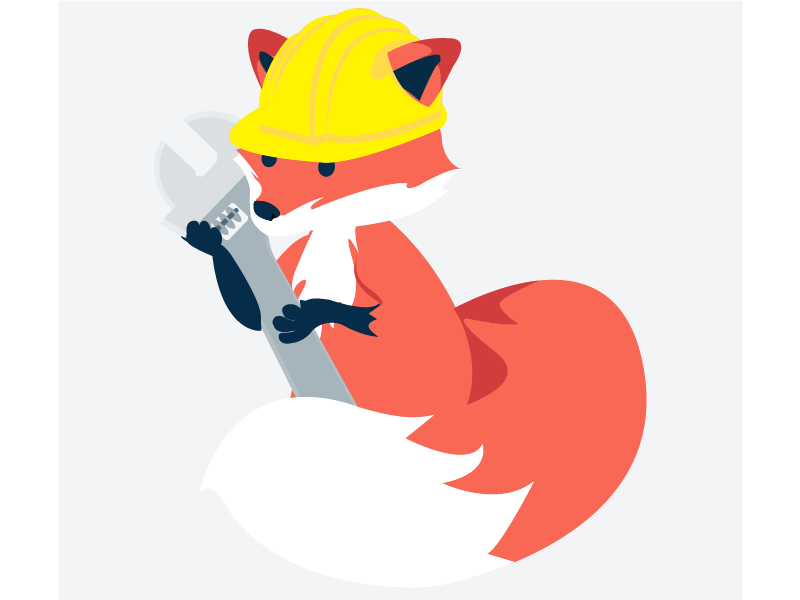 A fox wearing a construction hat holding a wrench