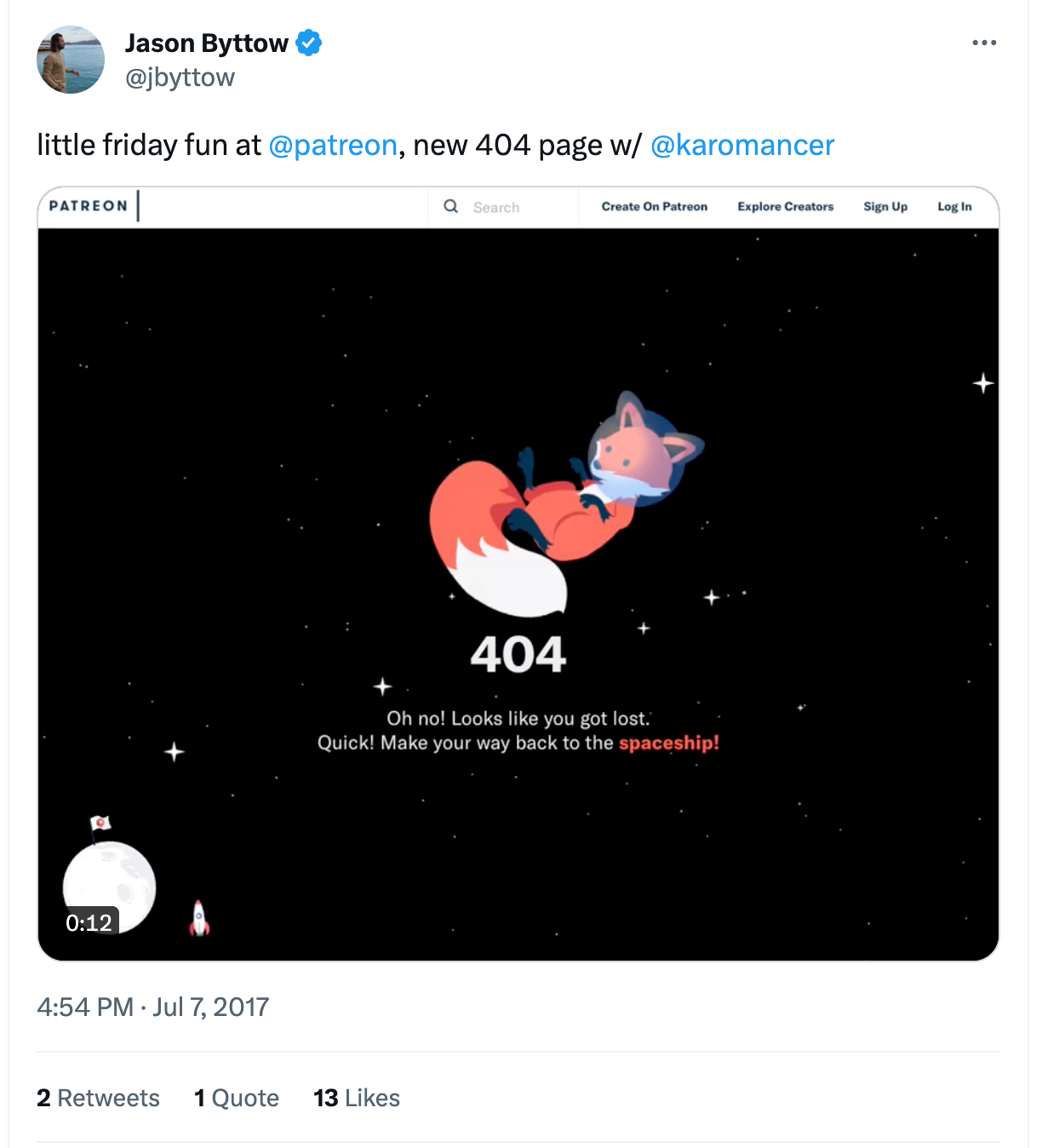 Tweet by Jason Byttow, the co-collaborator of the 404 page