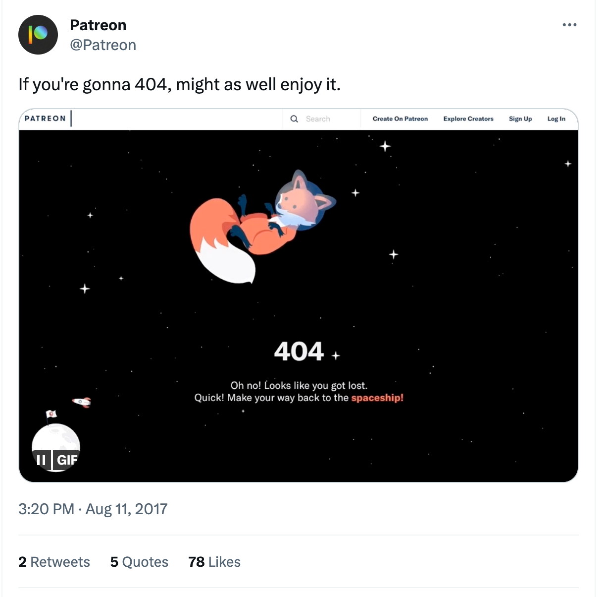 Tweet by Patreon unveiling the new 404 page