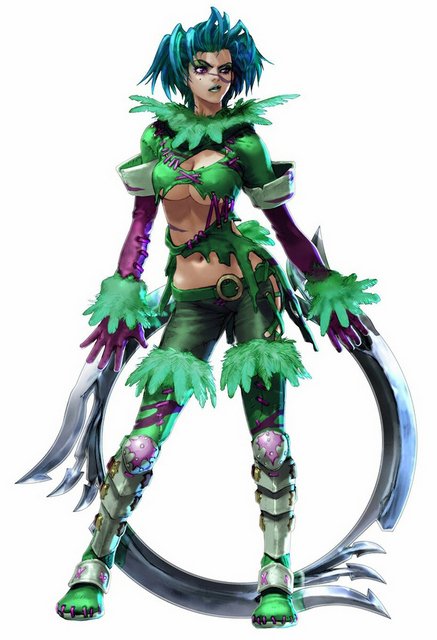 Concept art of a girl in a green feather outfit and blue hair holding a giant ring with blades