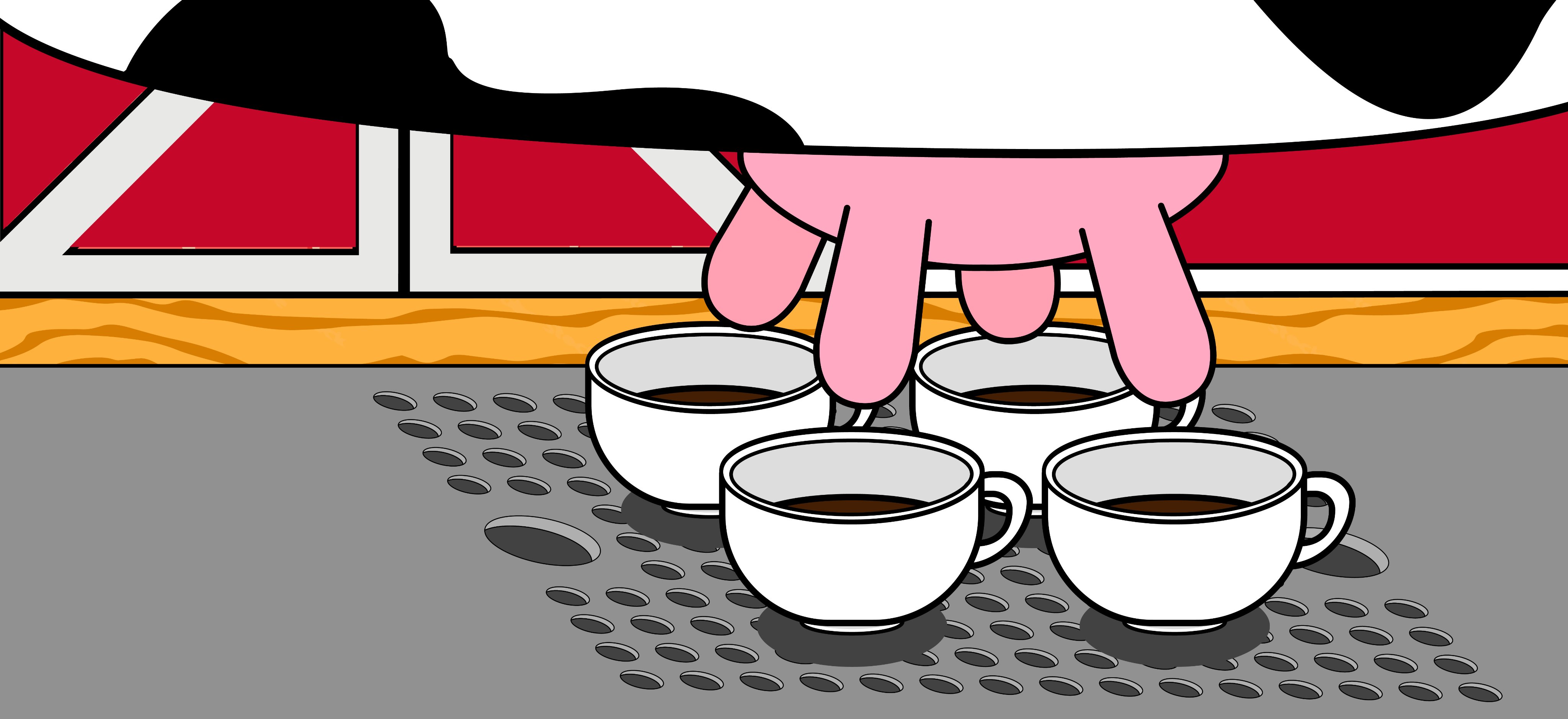 Illustration of a cow udder above a bunch of empty coffee cups