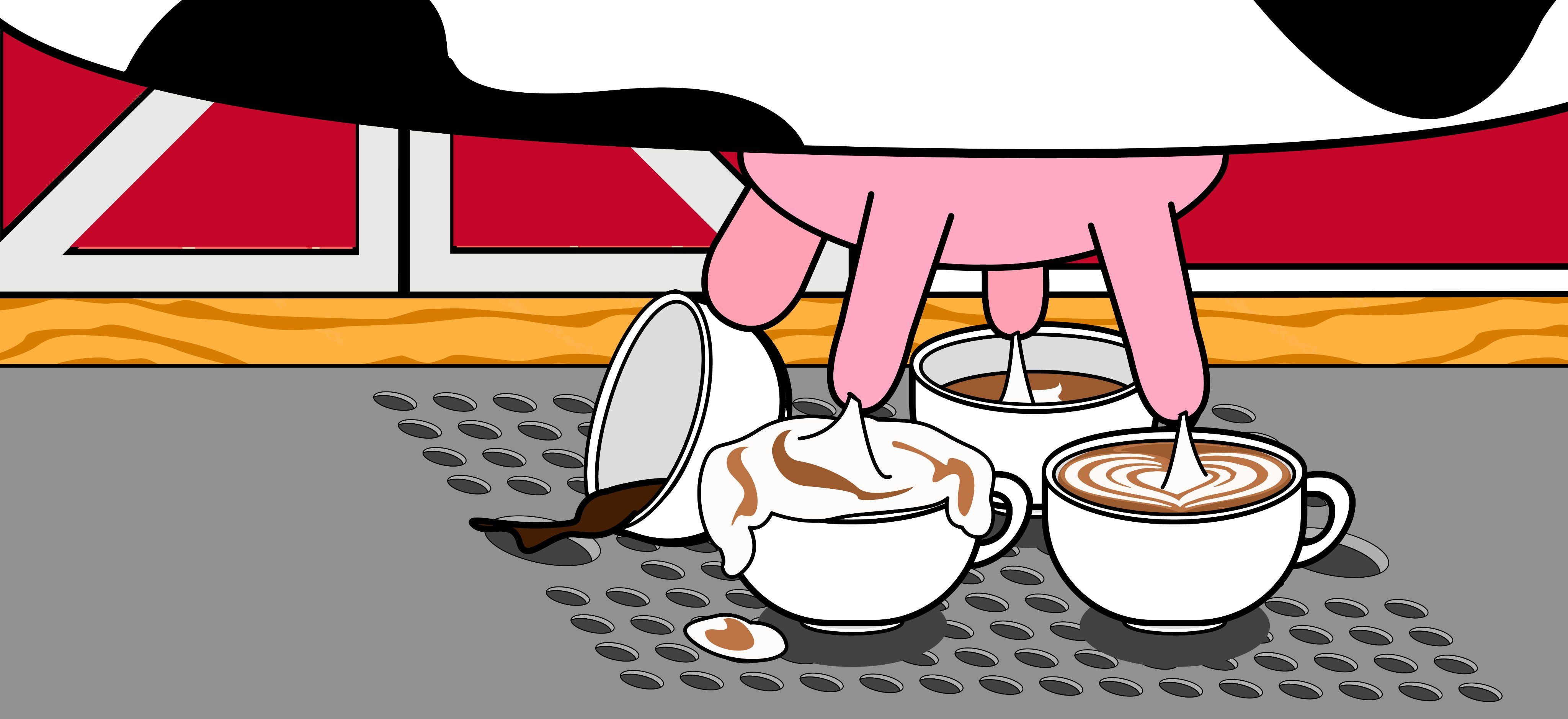 Illustration of a cow udder above a bunch of partially filled coffee cups, some overflowing, some tipped over